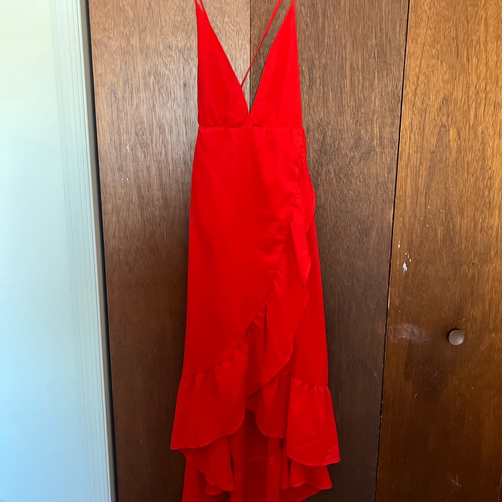 Fashion Nova Red High-Low Ruffle Slip Dress